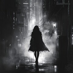 Cyberpunk Girl Walking in Misty Neon-Lit Alley at Night