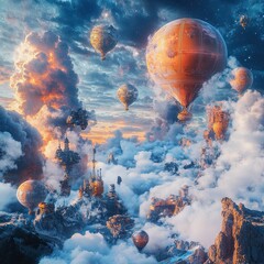 Dreamy Sky with Giant Floating Objects in Surreal Landscape