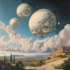 Dreamy Sky with Giant Floating Objects in Surreal Landscape
