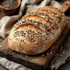 Freshly Baked Seeded Bread Loaf on Wooden Board