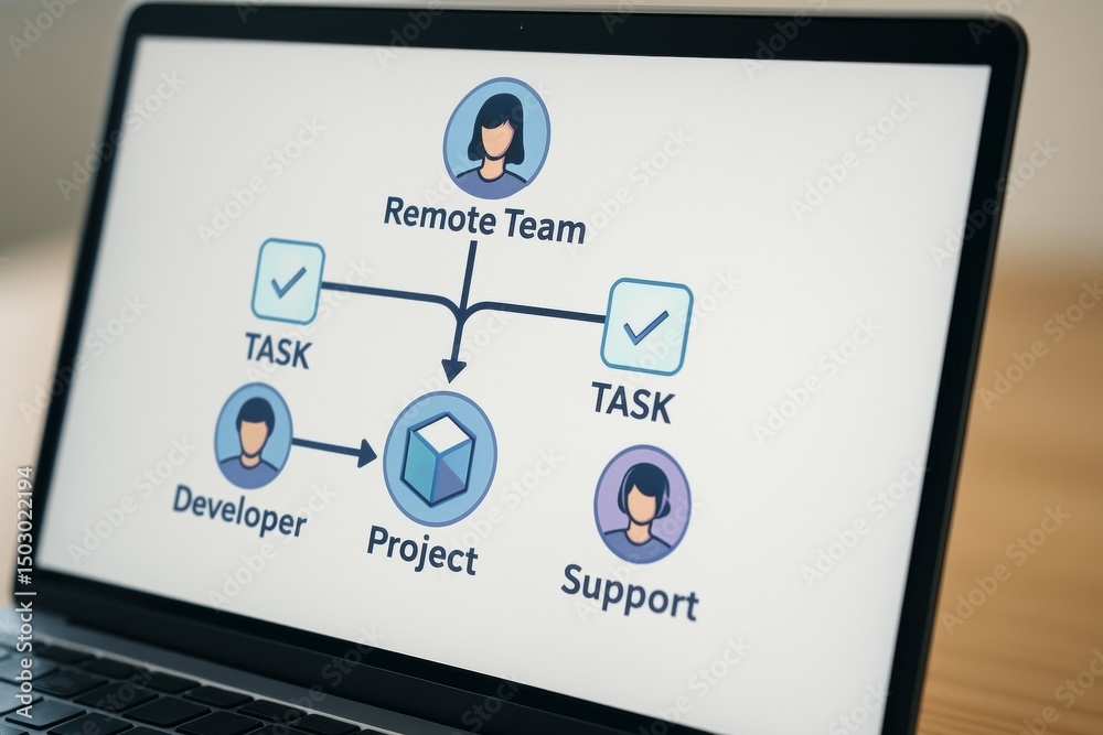 Poster remote team collaboration flowchart for project management with task assignment visuals