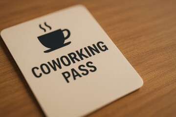 Coworking Pass on Wooden Table with Coffee Icon for Flexible Workspaces and Business Needs