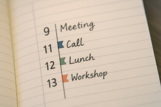 Daily Planner Page with Time Slots for Meeting, Call, Lunch, and Workshop Events