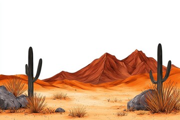 Arid Desert Landscape with Saguaro Cacti and Reddish Mountains
