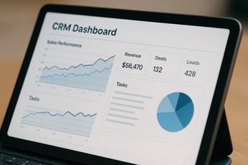 Business CRM Dashboard Displaying Sales Performance and Revenue Insights on Tablet Screen