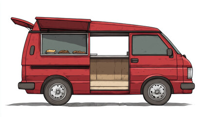 a van for selling food, isolated on white background. illustration style.