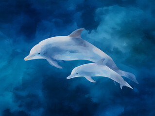 Obraz premium Watercolor illustration of a mother and baby dolphin in the sea.