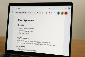 Meeting Notes on Laptop Screen with Document Text and Toolbars Laying on a Wooden Surface