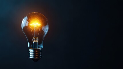 Single glowing electric bulb illuminates a dark background casting subtle light