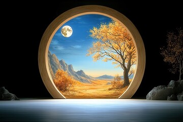 Autumnal Night Landscape in Circular Stone Frame