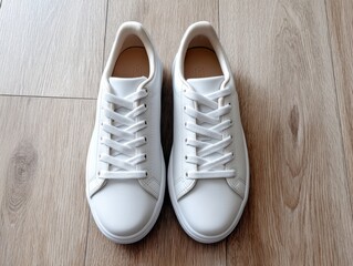 New Pair of White Sneakers with Laces on Light Brown Wooden Flooring Surface