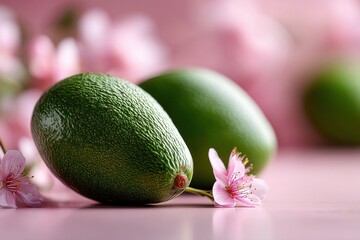 Two Avocados with Pink Blossoms on a Pink Surface in a Close-up Still Life