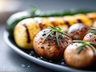 Grilled Mushrooms and Zucchini Served on a Plate with Fresh Rosemary