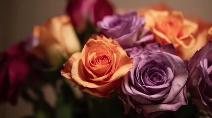 Close-up of vibrant orange and purple roses creating elegant floral background, showcasing diverse colors and delicate petal textures.