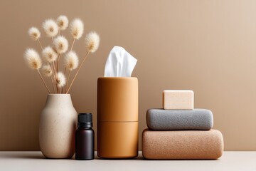 Spa Aesthetic Still Life with Dried Flowers, Aromatherapy Oil and Stacked Towels