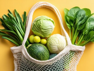 Fresh green vegetables and fruits in reusable grocery bag on bright yellow background