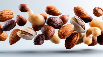 Collection of Almonds, Hazelnuts, Cashews, and Pistachios Suspended Mid-Air on a Plain Background