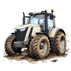Beige Modern Tractor in Mud, Detailed Illustration