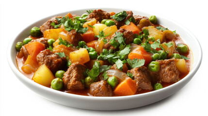Beef Stew with carrot and baby potato in white plate on white background. Beef Curry. 
