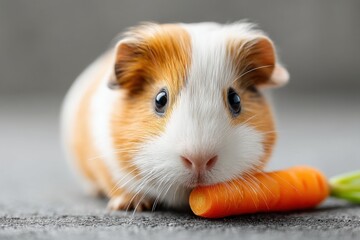 Adorable Guinea Pig with Orange and White Fur Resting its Head on a Carrot