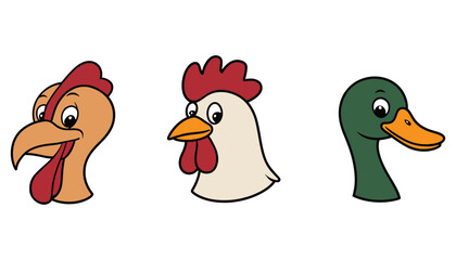 Cartoon Chicken Rooster Duck Head Vector Isolated Farm Animal Icon Set