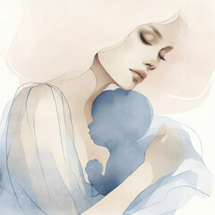 Watercolor Silhouette of Mother and Baby. Watercolor Minimalist Illustration. Hand drawn art. Minimalist Painting. Art for print. card design. mother holds baby in her arms.