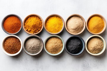 Assortment of Spices and Powders in Bowls Displayed on Gray Textured Surface