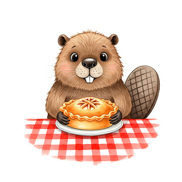 Adorable cartoon beaver with pie isolated on white background