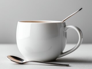 White Ceramic Cup with Beverage and Silver Spoon on Neutral Background