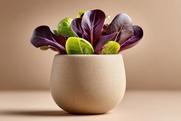 Fresh Mixed Greens in a Rustic Pot on Beige Background