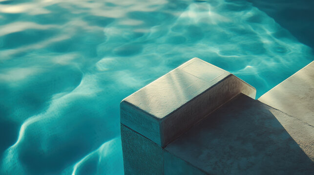 top view camera angle close up photography of a very modern and beautiful swimming pool starting block, blurred sunny day.