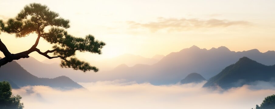 Tranquil mountain landscape with mist at sunrise and pine tree silhouette - Powered by Adobe