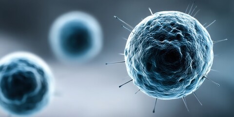 Close-up View of Floating Microscopic Germs with Spikes in Liquid