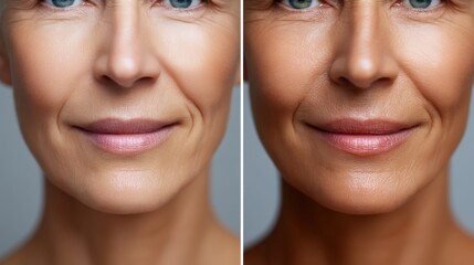 Woman's Face Showing Skin Tone Before and After Tanning Product Use