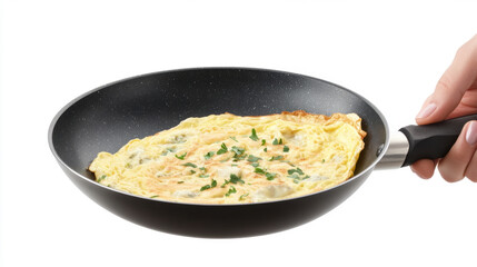 Hand holding a skillet with Oyster omelets isolated on white.
