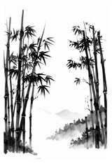 白黒で描かれた竹林