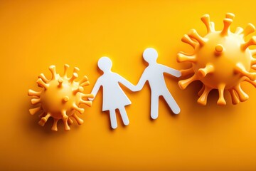 Paper Cutout Couple Holding Hands Near Spiked Spheres on Vivid Yellow Background