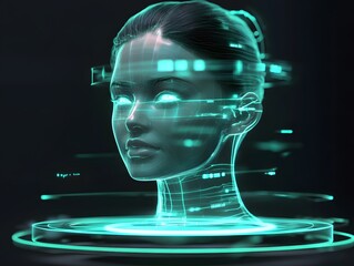 A futuristic digital woman's head, showcasing advanced technology in a conceptual design. The image uses a vibrant teal color palette and clean lines