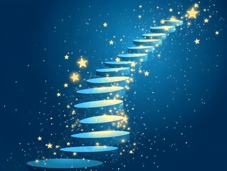 A surreal illustration of stairs leading up into the night sky with stars. The stairs appear to be made of light with golden stars floating around it, symbolizing dreams and aspirations. 