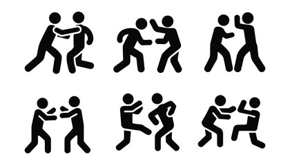 Fighting Stick Figures Vector Icons Set Silhouette Combat Action Poses