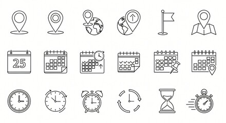 Fototapeta premium Collection of Line Icons Time Management, Scheduling, and Location Tracking Symbols