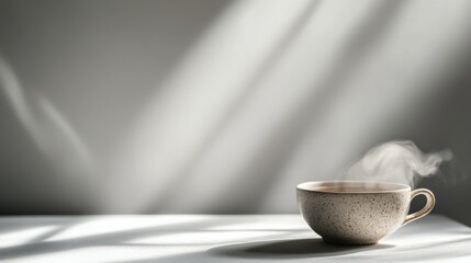 Ceramic Mug with Steaming Liquid on a Table in Sunlight