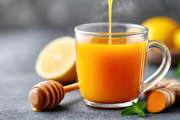 Pouring Golden Liquid into Glass Mug with Lemon and Ginger