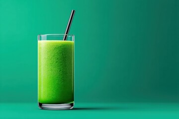 Green Smoothie in Glass with Straw on Solid Teal Background