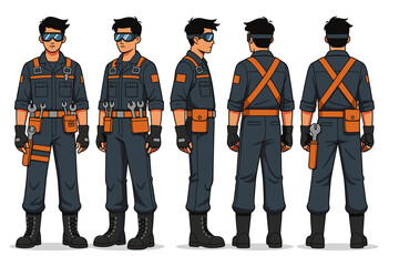 young Asian male, short black hair, utility jumpsuit with tool belts, reinforced gloves, goggles on head, steel-toe boots,