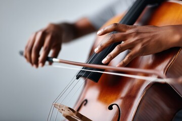 African American musician playing cello with bow detail close up