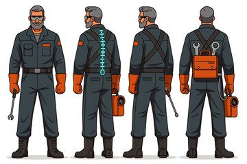 older male, gray jumpsuit, exosuit spine assist unit, welding gloves, tool backpack, beard and glasses, serious expression
