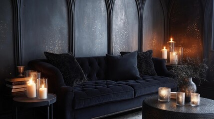 Luxurious living room with a dark blue velvet sofa in the center. the sofa has a tufted backrest and is upholstered in black velvet. there are several black throw pillows on the sofa.