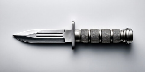 Close-up of a Stainless Steel Combat Knife on a White Surface