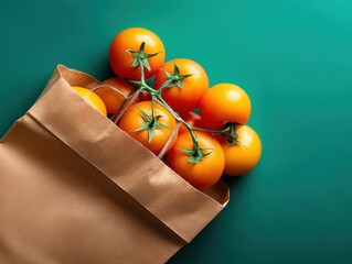 Yellow Tomatoes on Vine in Brown Paper Bag Against Teal Background